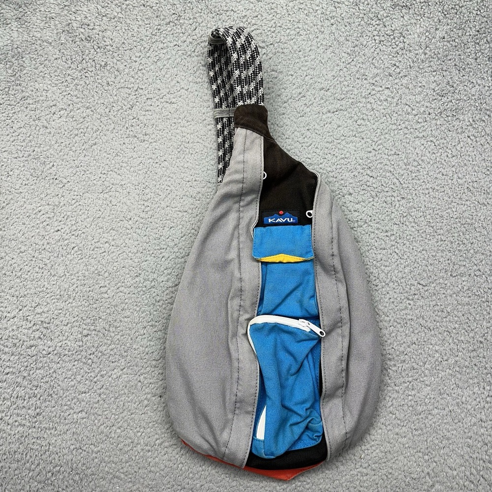 KAVU Remix Rope Bag Sling Crossbody Backpack Travel Brown Blue Yellow Multicolor